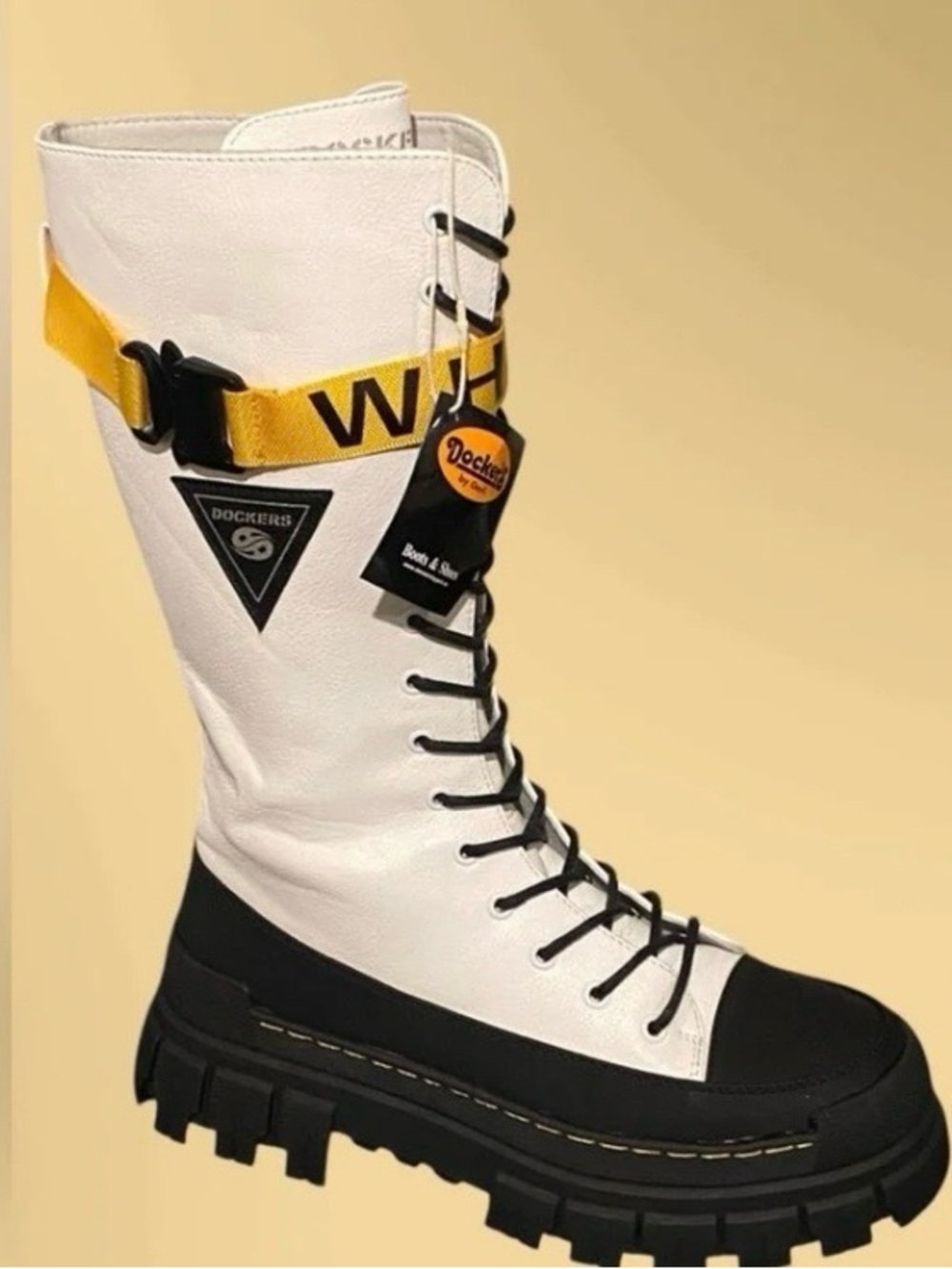 Dockers White Lace-Up Combat Boots | Platform Moto Boots Lug Sole NWOB 7.5